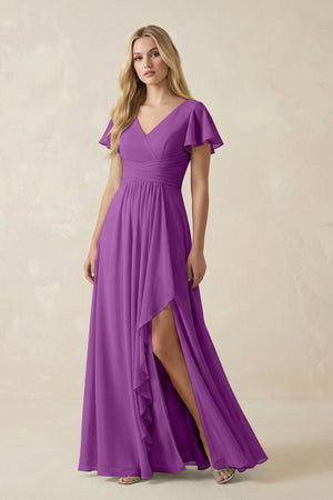 V - Neck Flutter Sleeve A - Line Chiffon Bridesmaid Dress in Amethyst - KissProm Bridesmaid Dresses