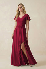 V - Neck Flutter Sleeve A - Line Chiffon Bridesmaid Dress in Berry - KissProm Bridesmaid Dresses