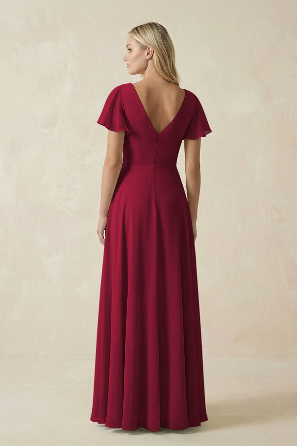 V - Neck Flutter Sleeve A - Line Chiffon Bridesmaid Dress in Berry - KissProm Bridesmaid Dresses