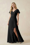 V - Neck Flutter Sleeve A - Line Chiffon Bridesmaid Dress in Black - KissProm Bridesmaid Dresses
