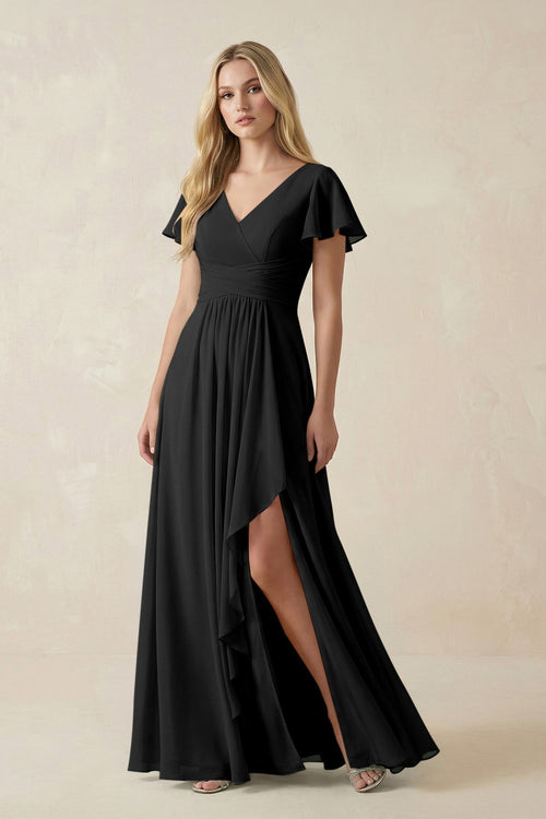 V - Neck Flutter Sleeve A - Line Chiffon Bridesmaid Dress in Black - KissProm Bridesmaid Dresses