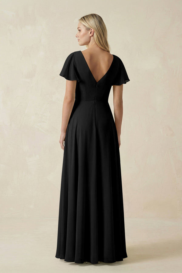 V - Neck Flutter Sleeve A - Line Chiffon Bridesmaid Dress in Black - KissProm Bridesmaid Dresses