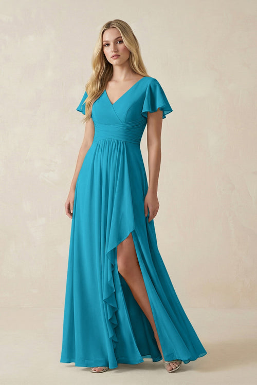 V - Neck Flutter Sleeve A - Line Chiffon Bridesmaid Dress in Blue Jay - KissProm Bridesmaid Dresses