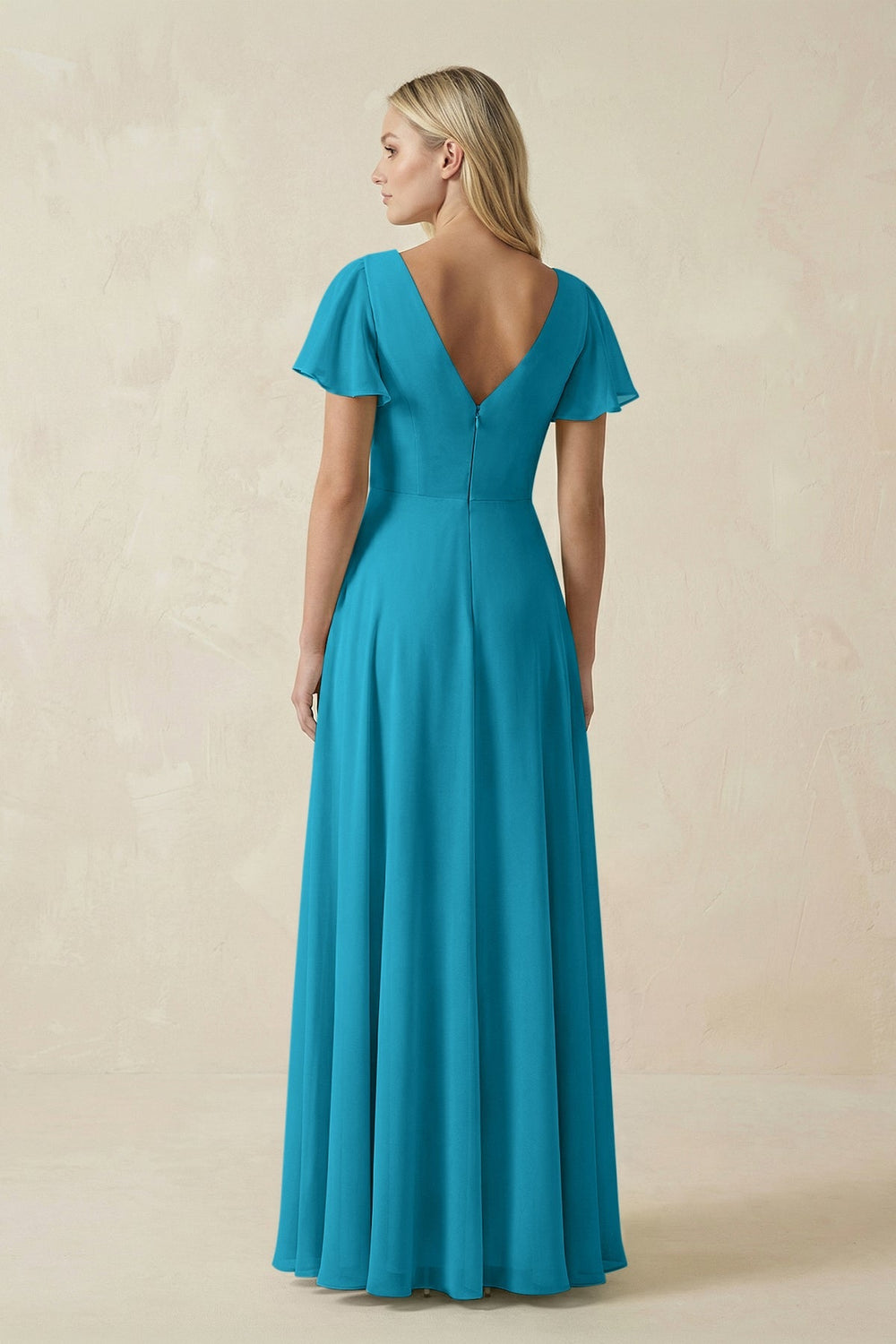 V - Neck Flutter Sleeve A - Line Chiffon Bridesmaid Dress in Blue Jay - KissProm Bridesmaid Dresses