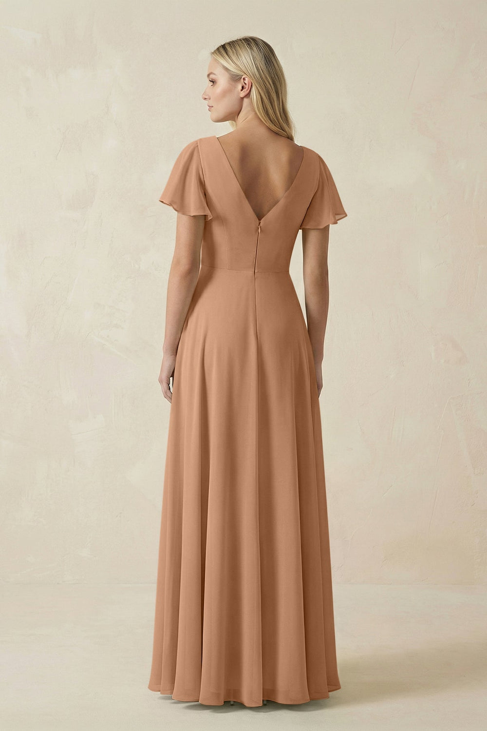 V - Neck Flutter Sleeve A - Line Chiffon Bridesmaid Dress in Bronzer - KissProm Bridesmaid Dresses