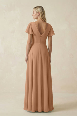 V - Neck Flutter Sleeve A - Line Chiffon Bridesmaid Dress in Bronzer - KissProm Bridesmaid Dresses