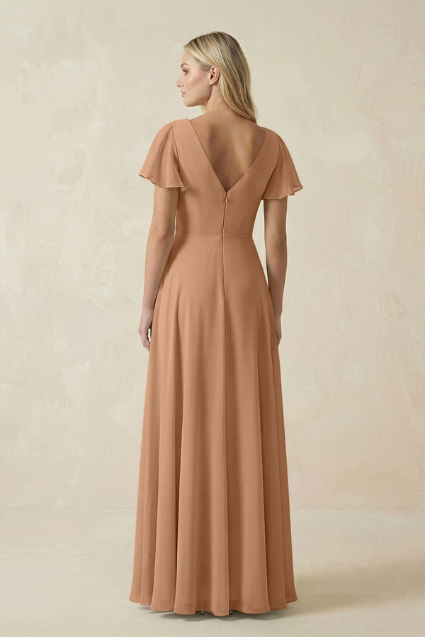 V - Neck Flutter Sleeve A - Line Chiffon Bridesmaid Dress in Bronzer - KissProm Bridesmaid Dresses