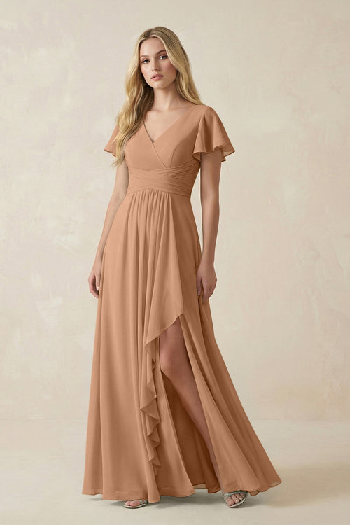V - Neck Flutter Sleeve A - Line Chiffon Bridesmaid Dress in Bronzer - KissProm Bridesmaid Dresses