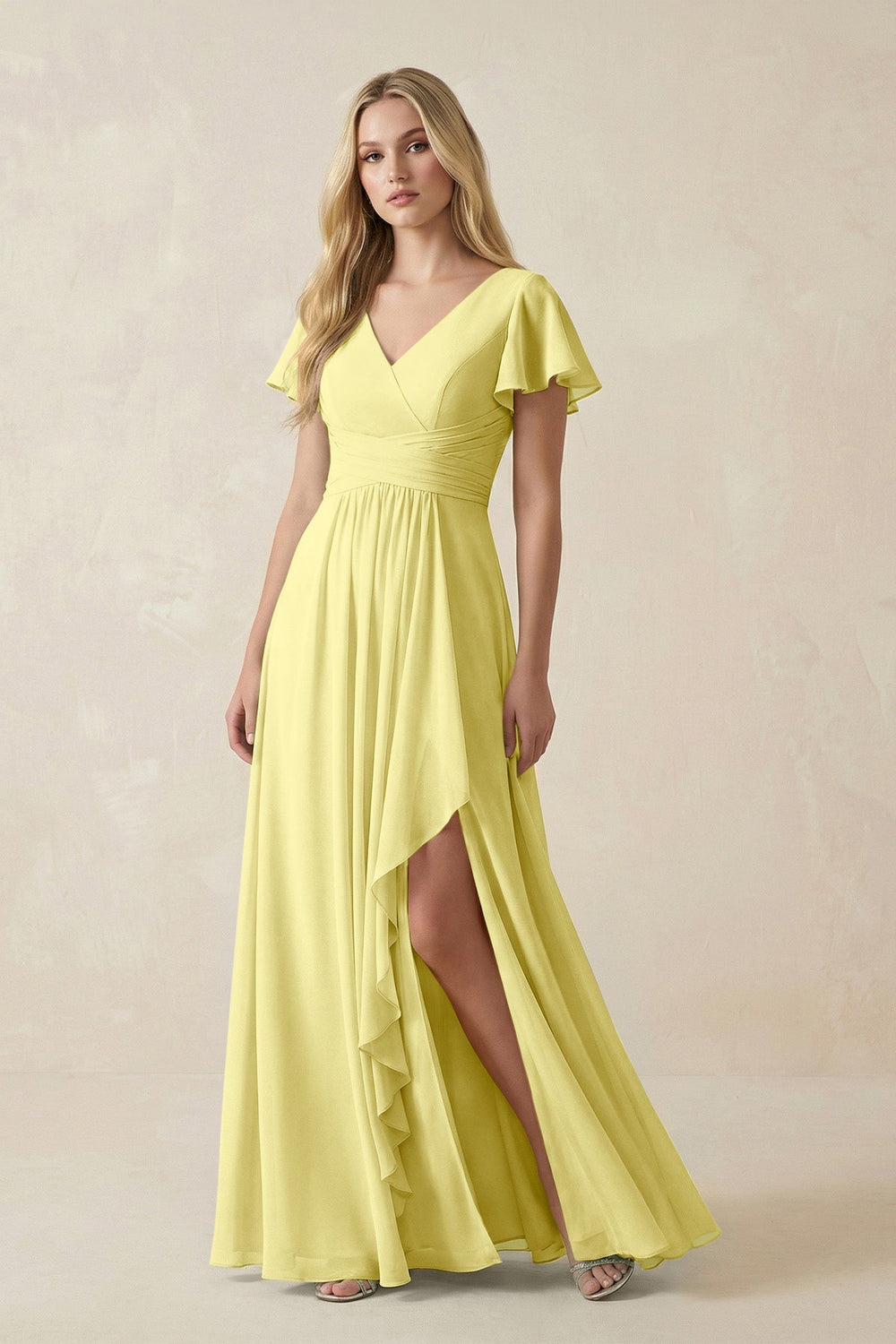 V - Neck Flutter Sleeve A - Line Chiffon Bridesmaid Dress in Buttercup - KissProm Bridesmaid Dresses