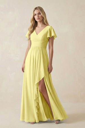 V - Neck Flutter Sleeve A - Line Chiffon Bridesmaid Dress in Buttercup - KissProm Bridesmaid Dresses