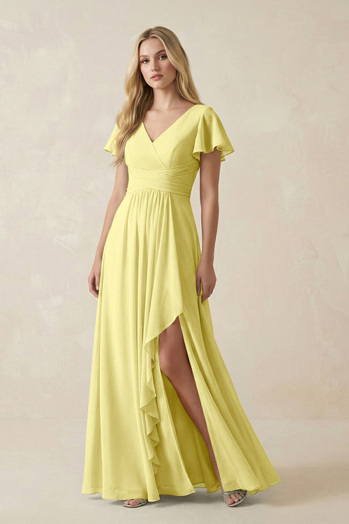 V - Neck Flutter Sleeve A - Line Chiffon Bridesmaid Dress in Buttercup - KissProm Bridesmaid Dresses