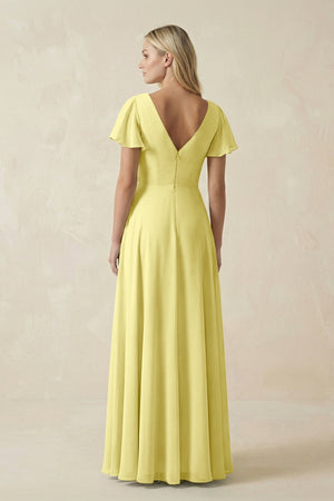 V - Neck Flutter Sleeve A - Line Chiffon Bridesmaid Dress in Buttercup - KissProm Bridesmaid Dresses