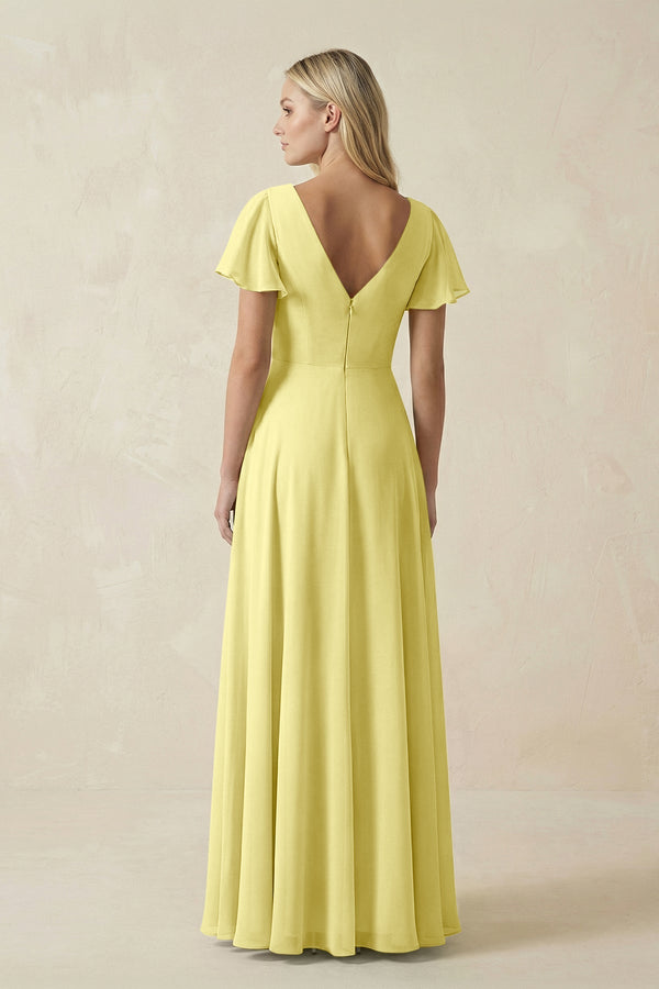 V - Neck Flutter Sleeve A - Line Chiffon Bridesmaid Dress in Buttercup - KissProm Bridesmaid Dresses