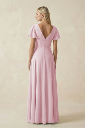 V - Neck Flutter Sleeve A - Line Chiffon Bridesmaid Dress in Candy Pink - KissProm Bridesmaid Dresses