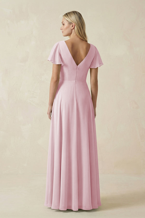 V - Neck Flutter Sleeve A - Line Chiffon Bridesmaid Dress in Candy Pink - KissProm Bridesmaid Dresses