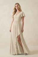 V - Neck Flutter Sleeve A - Line Chiffon Bridesmaid Dress in Champagne - KissProm Bridesmaid Dresses