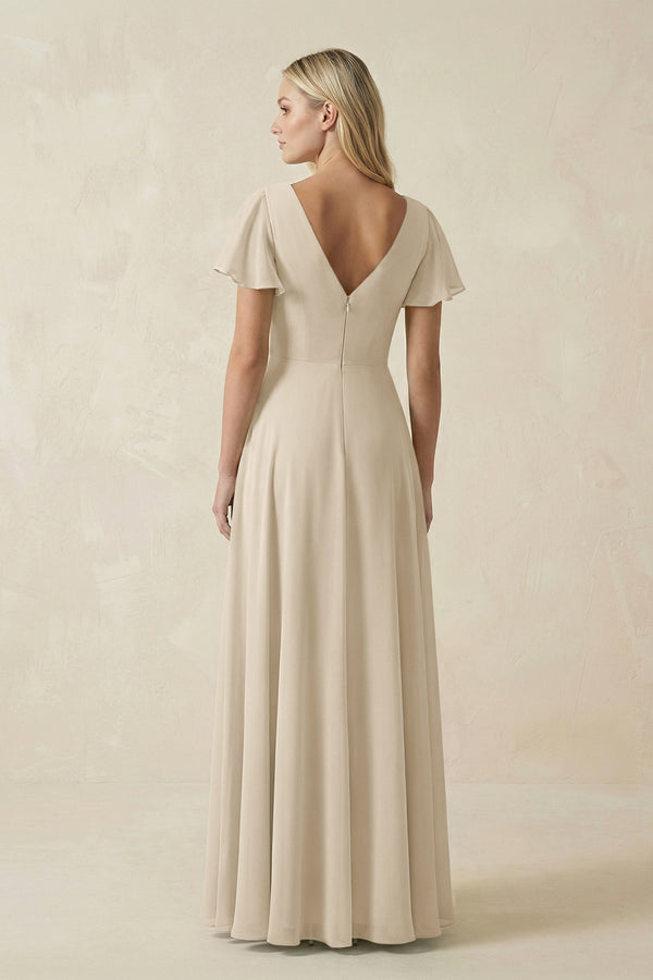 V - Neck Flutter Sleeve A - Line Chiffon Bridesmaid Dress in Champagne - KissProm Bridesmaid Dresses