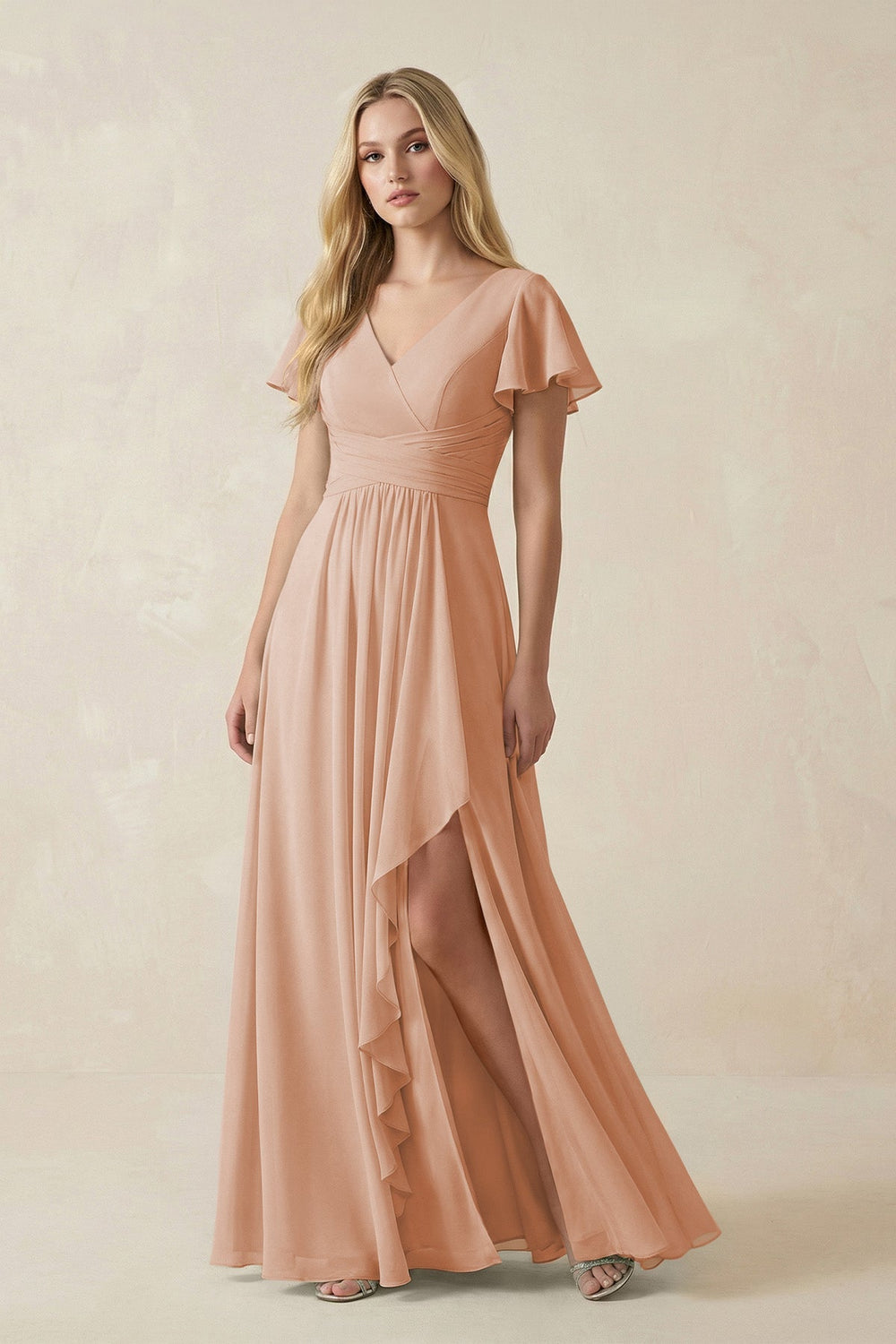 V - Neck Flutter Sleeve A - Line Chiffon Bridesmaid Dress in Champagne Rose - KissProm Bridesmaid Dresses