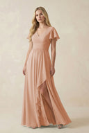 V - Neck Flutter Sleeve A - Line Chiffon Bridesmaid Dress in Champagne Rose - KissProm Bridesmaid Dresses