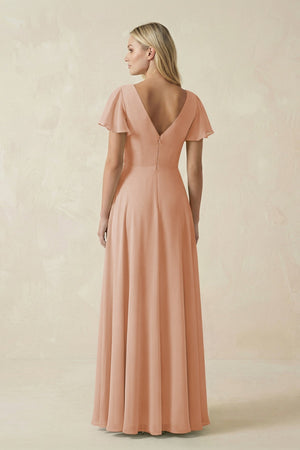 V - Neck Flutter Sleeve A - Line Chiffon Bridesmaid Dress in Champagne Rose - KissProm Bridesmaid Dresses