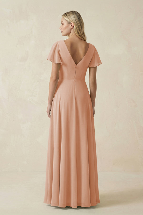 V - Neck Flutter Sleeve A - Line Chiffon Bridesmaid Dress in Champagne Rose - KissProm Bridesmaid Dresses