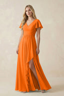 V - Neck Flutter Sleeve A - Line Chiffon Bridesmaid Dress in Cinnamon - KissProm Bridesmaid Dresses