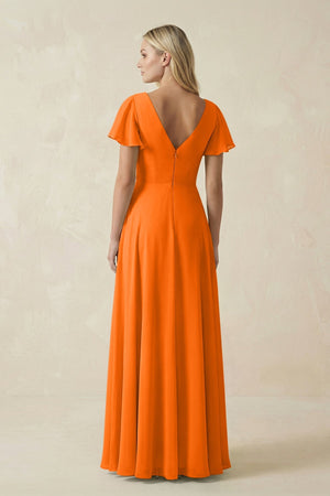 V - Neck Flutter Sleeve A - Line Chiffon Bridesmaid Dress in Cinnamon - KissProm Bridesmaid Dresses