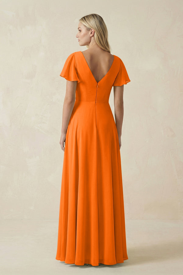 V - Neck Flutter Sleeve A - Line Chiffon Bridesmaid Dress in Cinnamon - KissProm Bridesmaid Dresses