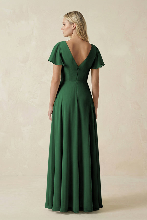 KissProm V-Neck Flutter Sleeve A-Line Chiffon Bridesmaid Dress in Dark Green, Dark Green / 22