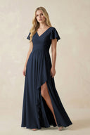 V - Neck Flutter Sleeve A - Line Chiffon Bridesmaid Dress in Dark Navy - KissProm Bridesmaid Dresses