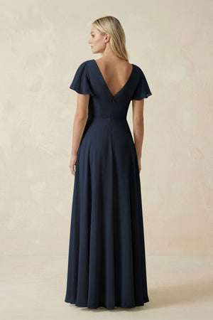 V - Neck Flutter Sleeve A - Line Chiffon Bridesmaid Dress in Dark Navy - KissProm Bridesmaid Dresses