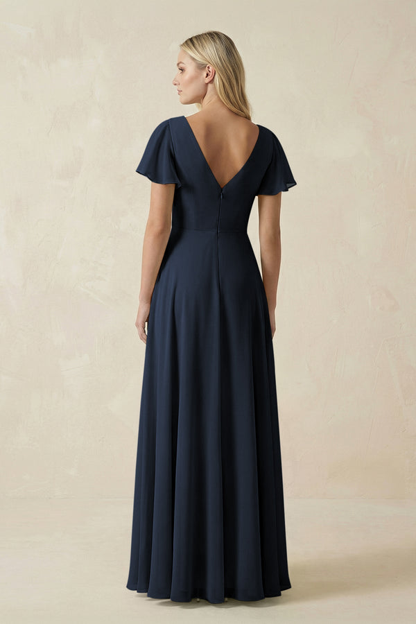 V - Neck Flutter Sleeve A - Line Chiffon Bridesmaid Dress in Dark Navy - KissProm Bridesmaid Dresses