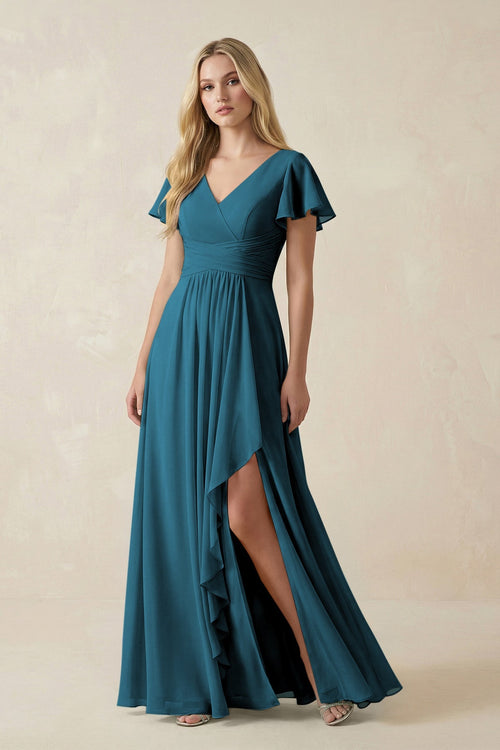 V - Neck Flutter Sleeve A - Line Chiffon Bridesmaid Dress in Dark Teal - KissProm Bridesmaid Dresses
