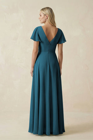 V - Neck Flutter Sleeve A - Line Chiffon Bridesmaid Dress in Dark Teal - KissProm Bridesmaid Dresses