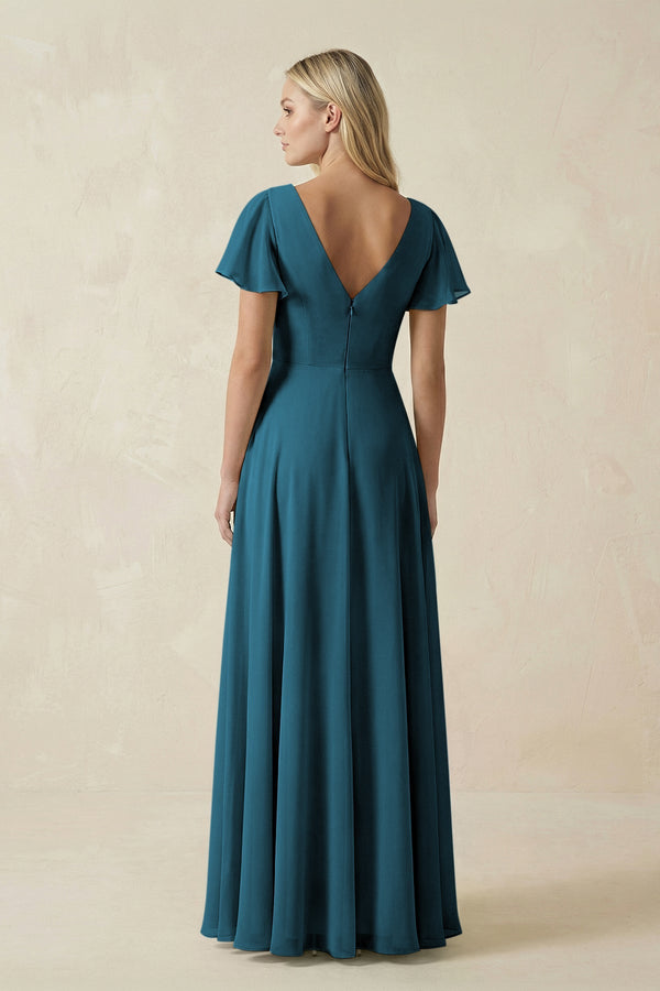 V - Neck Flutter Sleeve A - Line Chiffon Bridesmaid Dress in Dark Teal - KissProm Bridesmaid Dresses