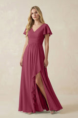 V - Neck Flutter Sleeve A - Line Chiffon Bridesmaid Dress in Desert Rose - KissProm Bridesmaid Dresses