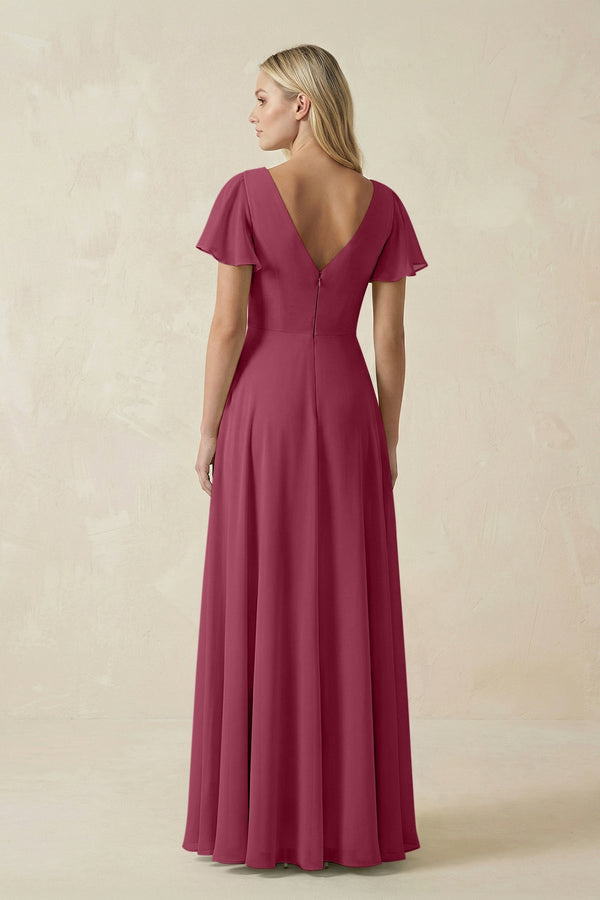 V - Neck Flutter Sleeve A - Line Chiffon Bridesmaid Dress in Desert Rose - KissProm Bridesmaid Dresses