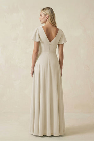 V - Neck Flutter Sleeve A - Line Chiffon Bridesmaid Dress in Dove Gray - KissProm Bridesmaid Dresses