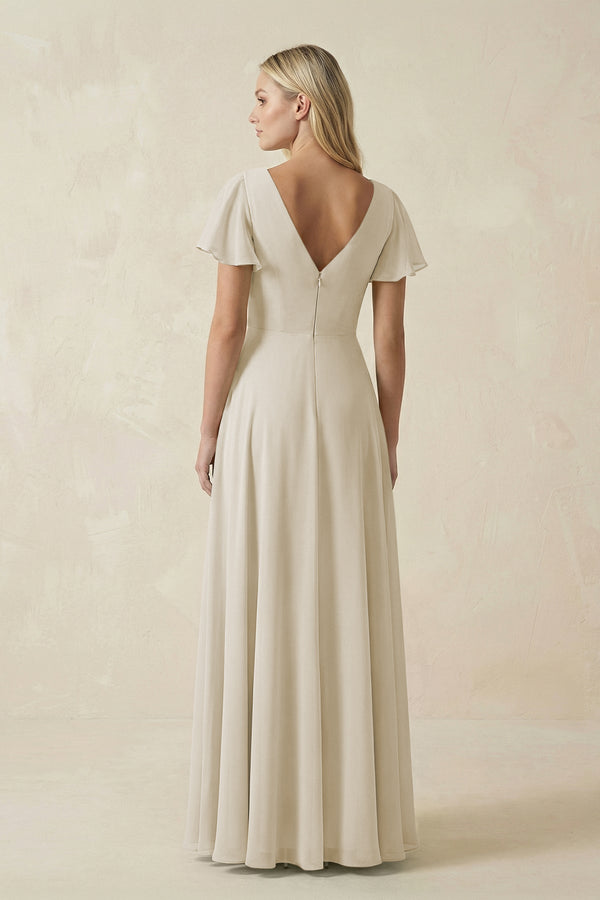 V - Neck Flutter Sleeve A - Line Chiffon Bridesmaid Dress in Dove Gray - KissProm Bridesmaid Dresses