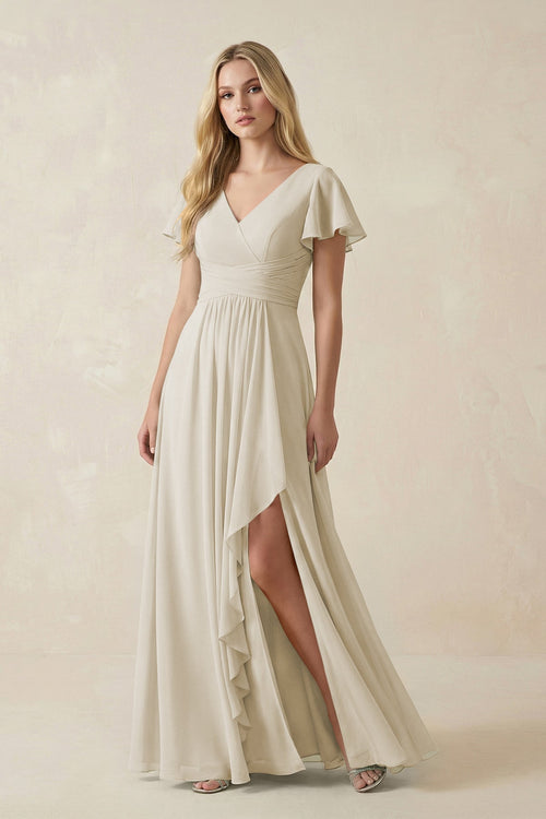 V - Neck Flutter Sleeve A - Line Chiffon Bridesmaid Dress in Dove Gray - KissProm Bridesmaid Dresses