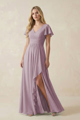 V - Neck Flutter Sleeve A - Line Chiffon Bridesmaid Dress in Dusk - KissProm Bridesmaid Dresses