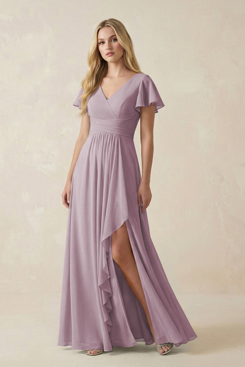 V - Neck Flutter Sleeve A - Line Chiffon Bridesmaid Dress in Dusk - KissProm Bridesmaid Dresses