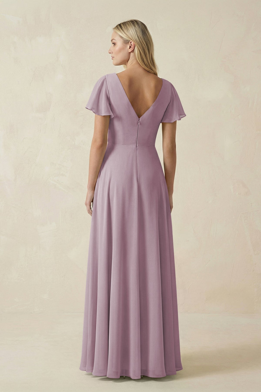 V - Neck Flutter Sleeve A - Line Chiffon Bridesmaid Dress in Dusk - KissProm Bridesmaid Dresses