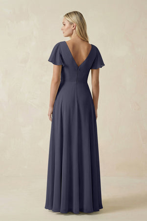 V - Neck Flutter Sleeve A - Line Chiffon Bridesmaid Dress in Dusk Blue - KissProm Bridesmaid Dresses