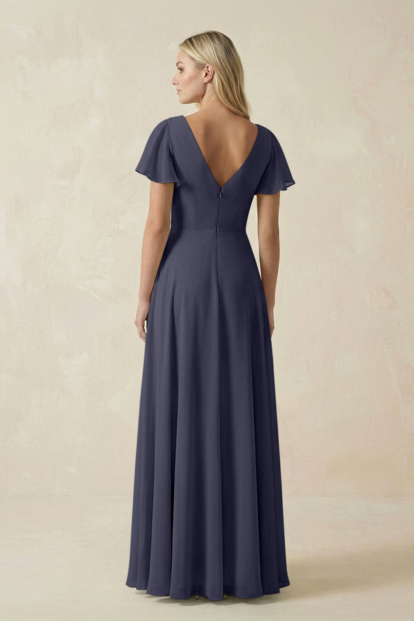 V - Neck Flutter Sleeve A - Line Chiffon Bridesmaid Dress in Dusk Blue - KissProm Bridesmaid Dresses