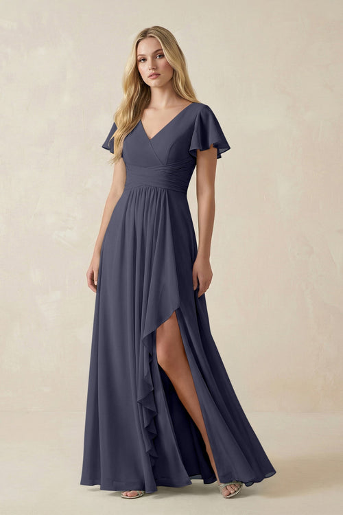 V - Neck Flutter Sleeve A - Line Chiffon Bridesmaid Dress in Dusk Blue - KissProm Bridesmaid Dresses