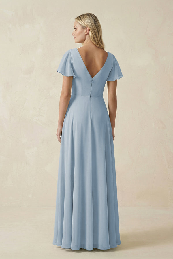 V - Neck Flutter Sleeve A - Line Chiffon Bridesmaid Dress in Dusty Blue - KissProm Bridesmaid Dresses