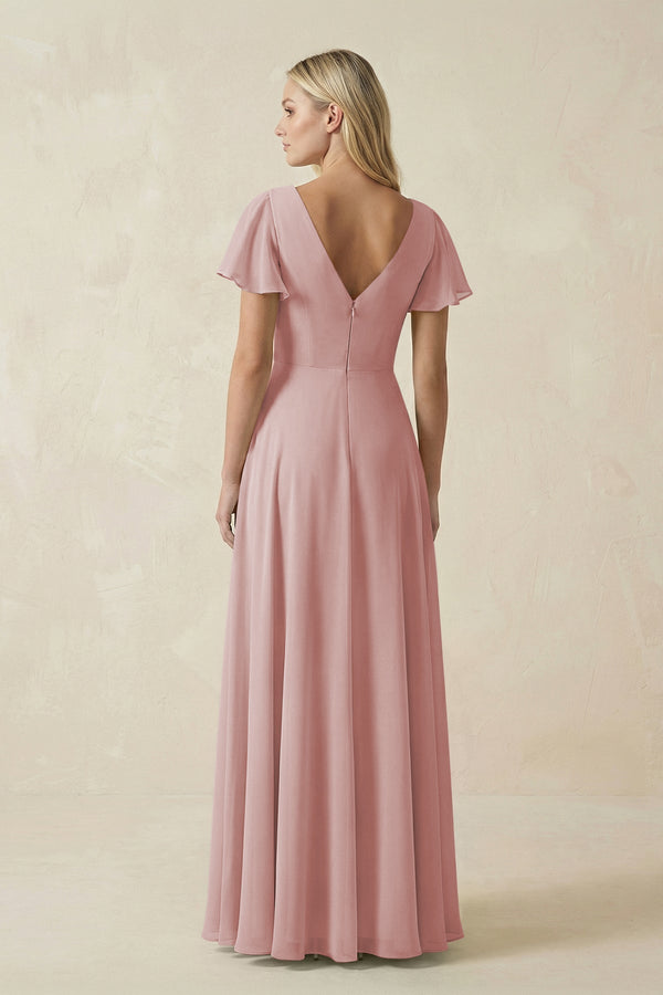 V - Neck Flutter Sleeve A - Line Chiffon Bridesmaid Dress in Dusty Rose - KissProm Bridesmaid Dresses