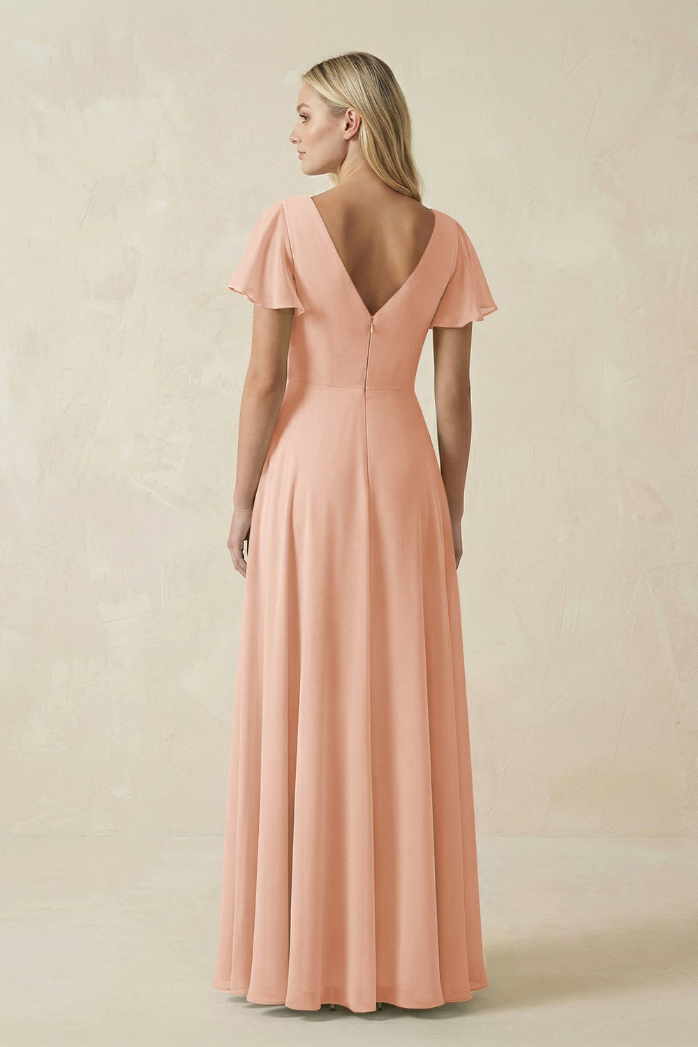 V - Neck Flutter Sleeve A - Line Chiffon Bridesmaid Dress in English Rose - KissProm Bridesmaid Dresses