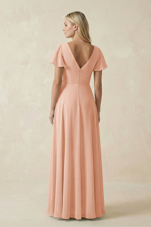 V - Neck Flutter Sleeve A - Line Chiffon Bridesmaid Dress in English Rose - KissProm Bridesmaid Dresses